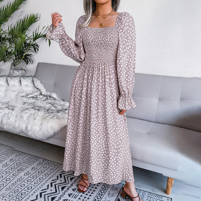 Sexy Square Neck Long Sleeve Floral Print Pleated Casual Party  Maxi Dress