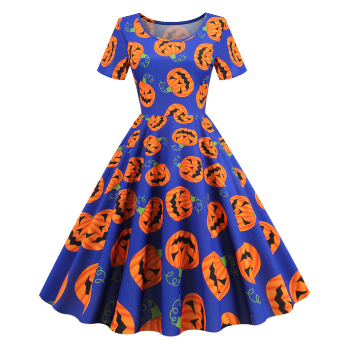 Halloween Print Elegant Party Round Neck Casual Fashion Swing  Vintage Dress