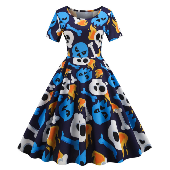 Halloween Print Elegant Party Round Neck Casual Fashion Swing  Vintage Dress