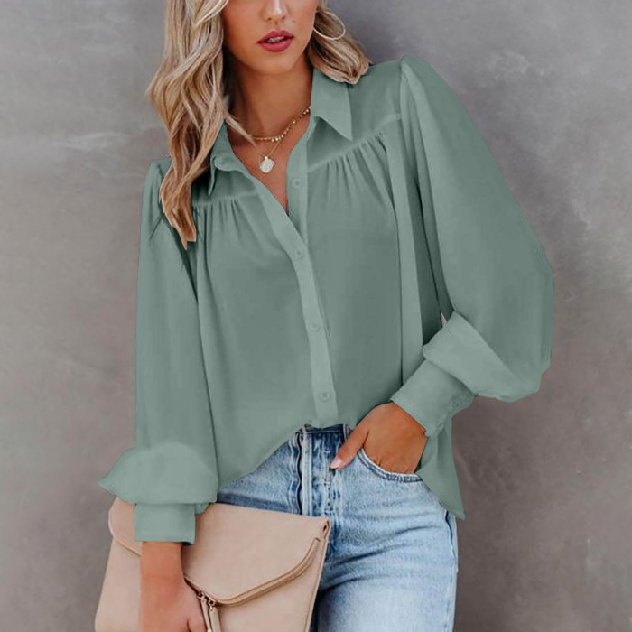 Women's Fashion Lantern Sleeve Pleated Solid Color Stand Collar Loose  Blouse