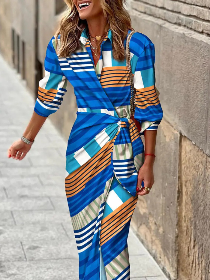 Trendy Printed Lapel Striped Casual Comfortable Lace-Up Midi Dress