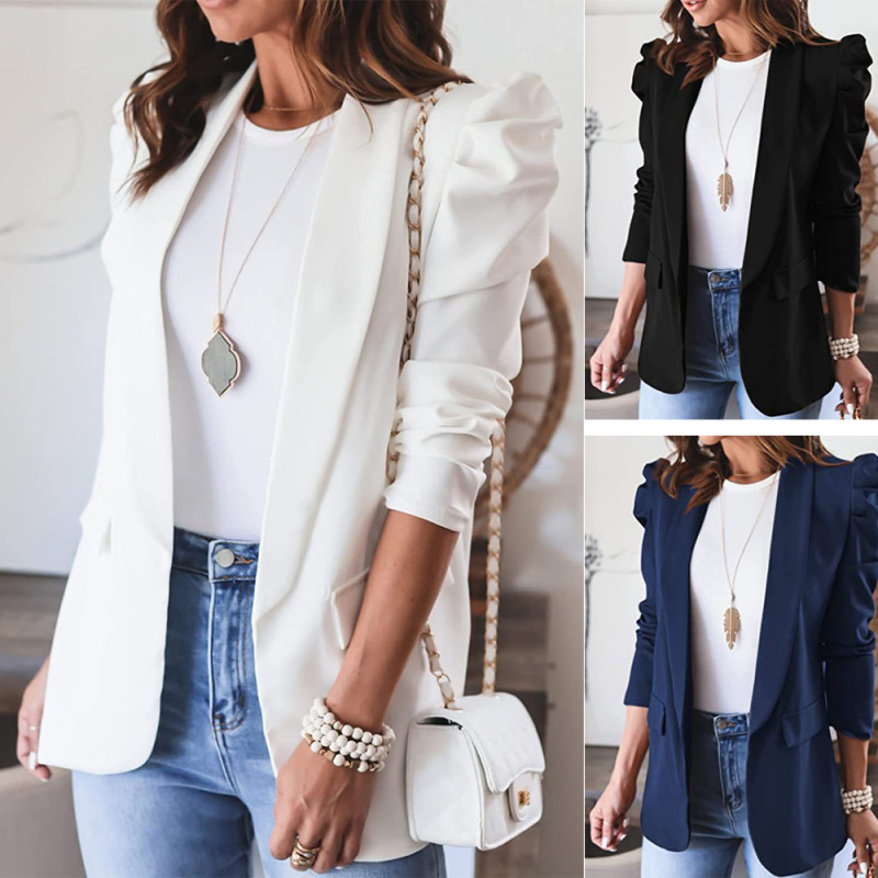 Women's Fashion Solid Color Double Pocket Lapel  Blazers