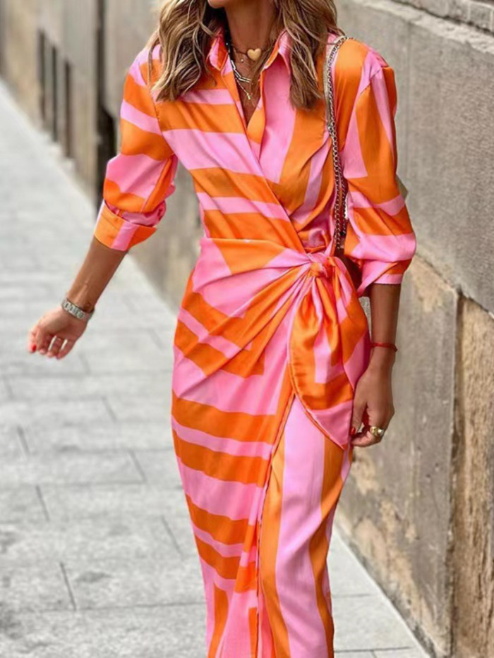 Trendy Printed Lapel Striped Casual Comfortable Lace-Up Midi Dress