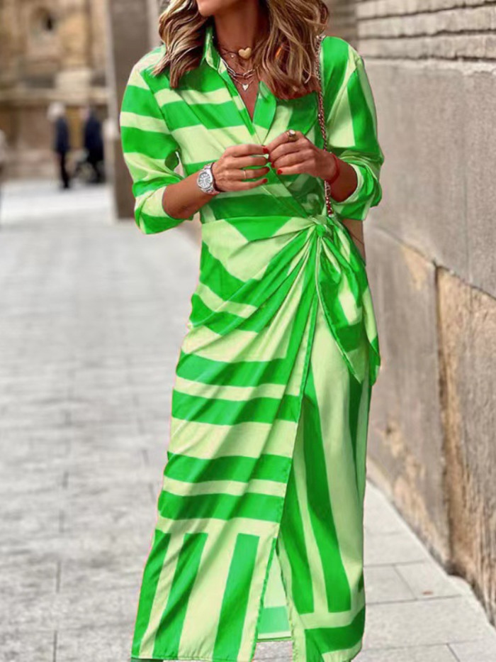 Trendy Printed Lapel Striped Casual Comfortable Lace-Up Midi Dress