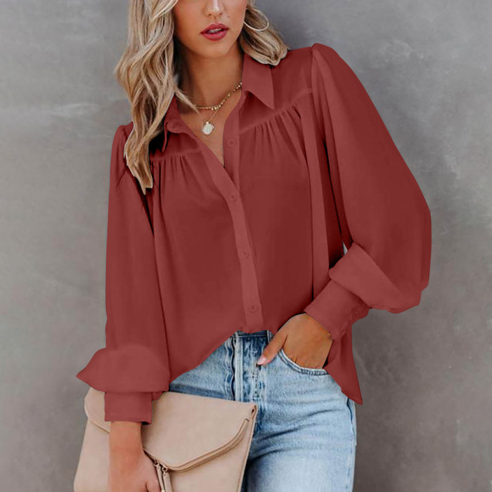 Women's Fashion Lantern Sleeve Pleated Solid Color Stand Collar Loose  Blouse