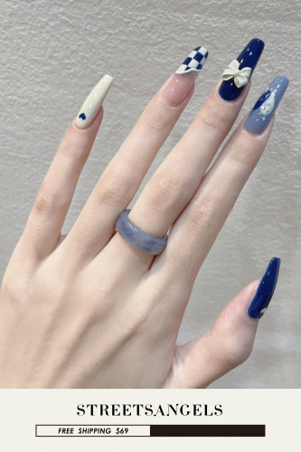 24PCS Fashion and Exquisite Blue Grid Heart Color Wearing Nail Art