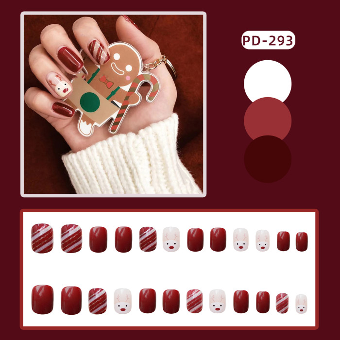 24PCS Wine Red Elk Christmas Color Dressed Finished Nail Stickers