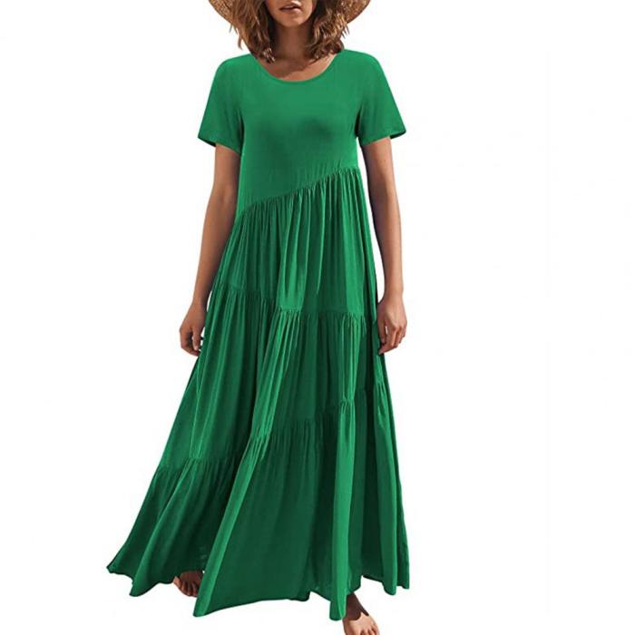 Casual Solid Color Short Sleeve Loose O Neck Pleated Party Maxi Dress