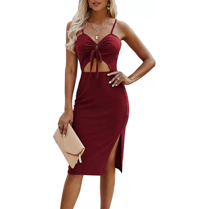 New Sexy Casual Solid Color Hollow Street Halter Fashion  Party Midi Dress