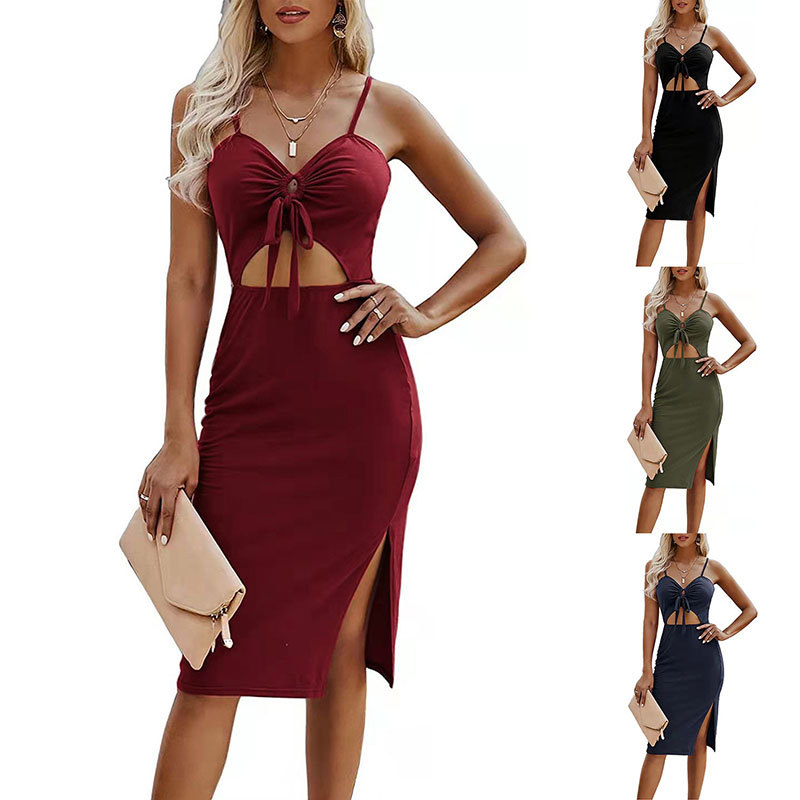 New Sexy Casual Solid Color Hollow Street Halter Fashion  Party Midi Dress