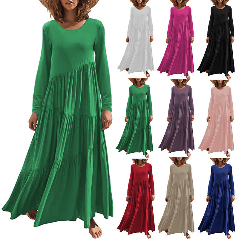 Casual Solid Color Short Sleeve Loose O Neck Pleated Party Maxi Dress