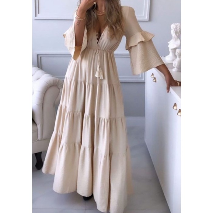 Fashion Pleated Casual Flared Sleeve V-Neck Solid Color Maxi Dress