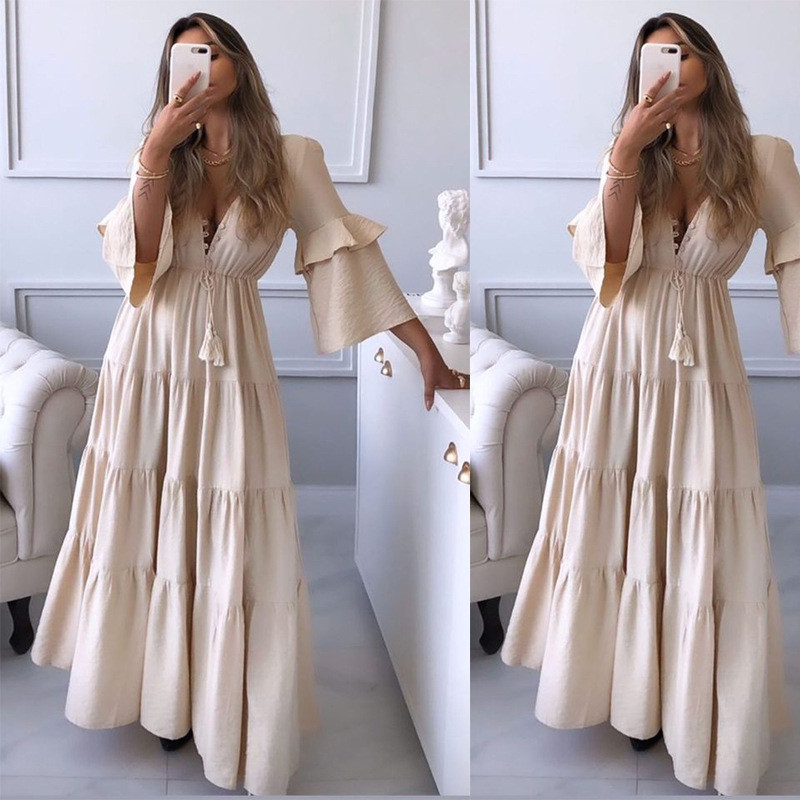 Fashion Pleated Casual Flared Sleeve V-Neck Solid Color Maxi Dress