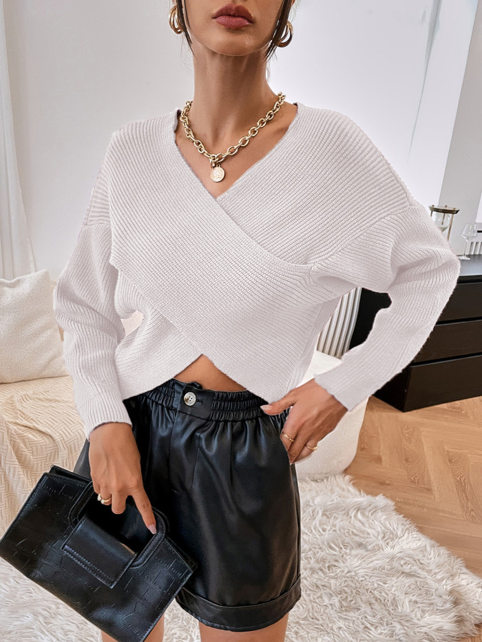 Fashion V-Neck Cross Street Loose Solid Color Women's Sweater
