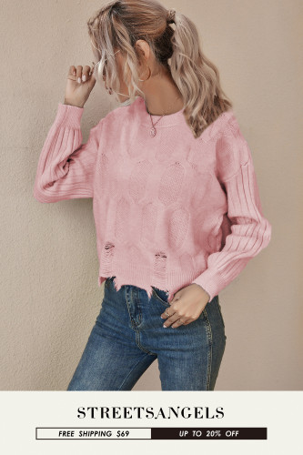 Women's Fashion Round Neck Ripped Solid Color Loose Sweater