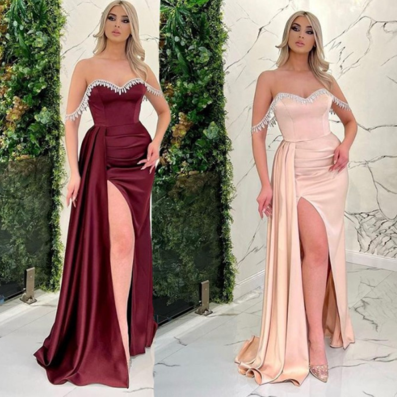 High Side Split Satin Off the Shoulder Beading Crystal Evening Dresses