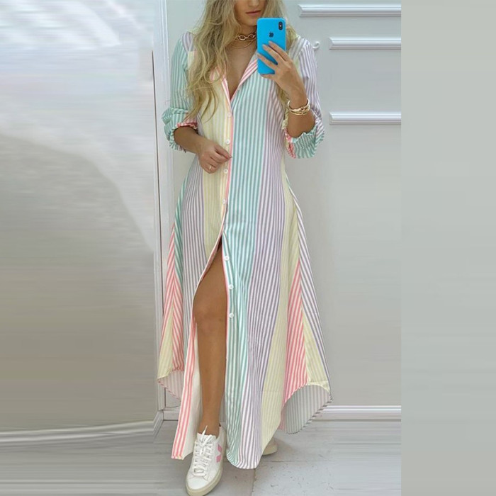 Fashion Boho Button Irregular Sexy Lapel Print  Maxi Dress