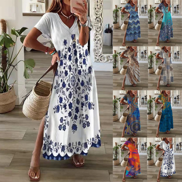 Women's Vintage Print Party Casual V-Neck Slit Sexy  Maxi Dress