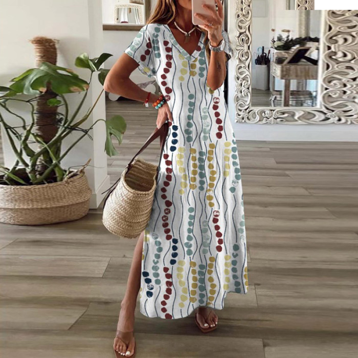 Women's Vintage Print Party Casual V-Neck Slit Sexy  Maxi Dress