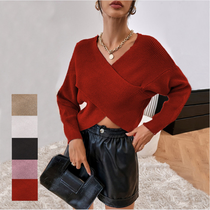 Fashion V-Neck Cross Street Loose Solid Color Women's Sweater