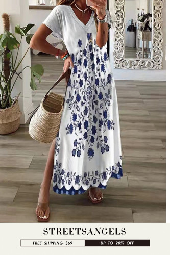 Women's Vintage Print Party Casual V-Neck Slit Sexy  Maxi Dress