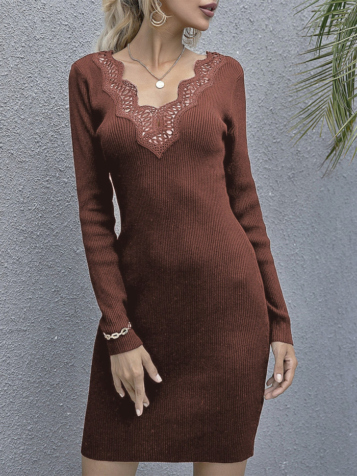 Women's Fashion Lace V-Neck Solid Color Sweater Dress