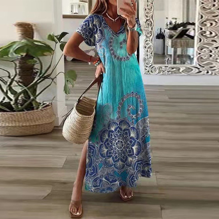 Women's Vintage Print Party Casual V-Neck Slit Sexy  Maxi Dress