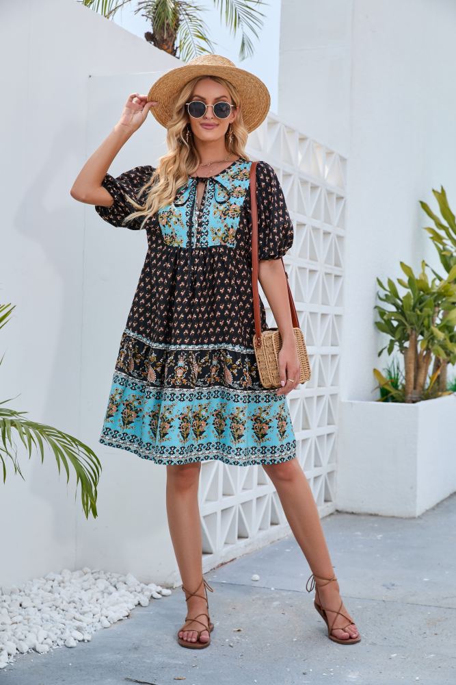 Women's Fashion Vacation Style Printed V-Neck  Casual Dress