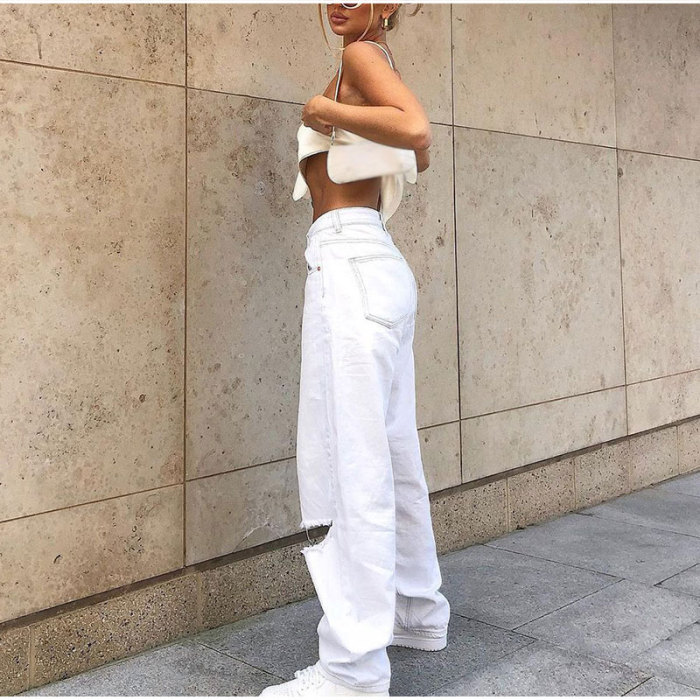 Women Vintage Low Rise Loose Wide Leg Trousers Harajuku White Ripped Hole Baggy Jeans