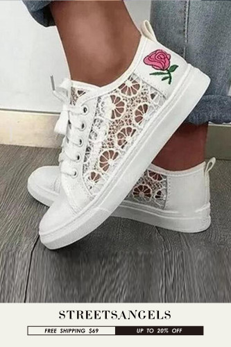 Woman Hollow Lace Breathable Flat Sneakers
