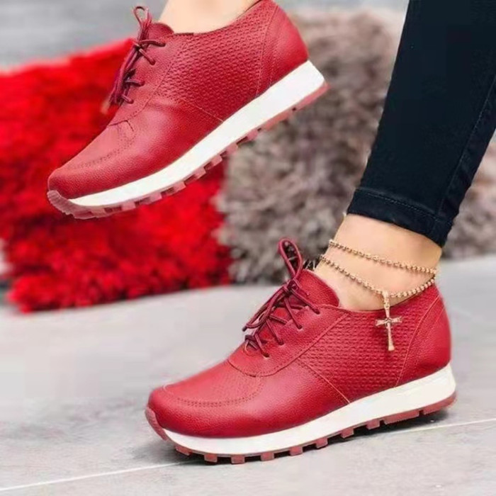 Women Breathable Suede Leather Lace Up Platform Sneakers