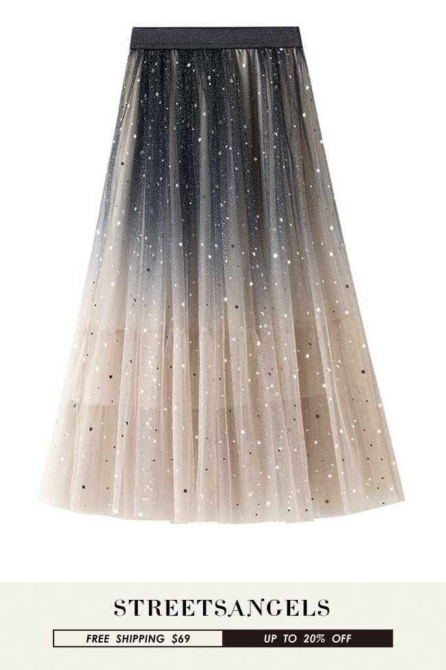 Starry Sky Mesh Gradient Color Fashion Mid-Length Elastic Waist Skirt