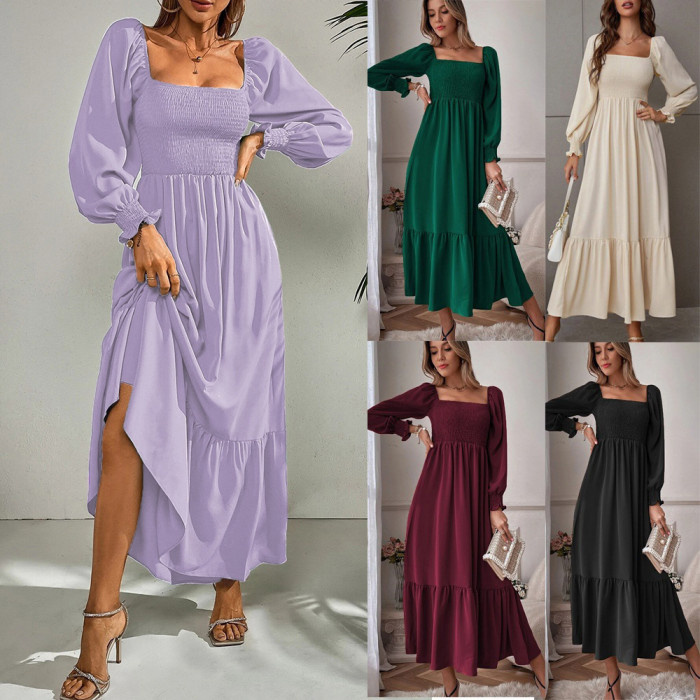 Women's Fashion Square Neck Solid Color Ruffle High Waist  Midi Dress