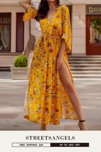 Fashion Vintage Print Elegant Lace-Up Loose Sexy V-Neck Maxi Dress