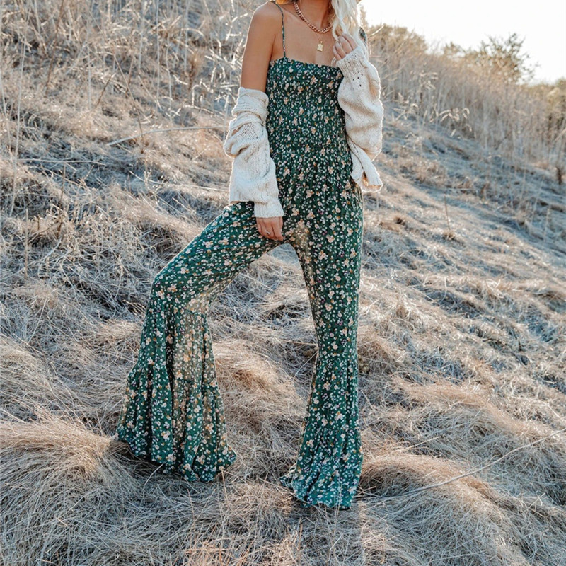 Retro Fashion Floral Sexy Sling Flared Jumpsuit
