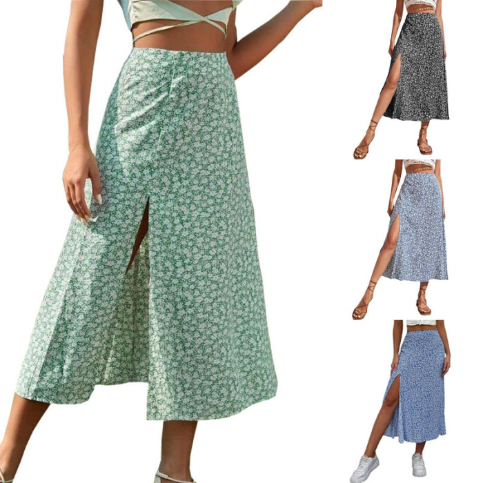 Casual Women's Loose A-Line Boho High Waist Floral Ruffle Skirt