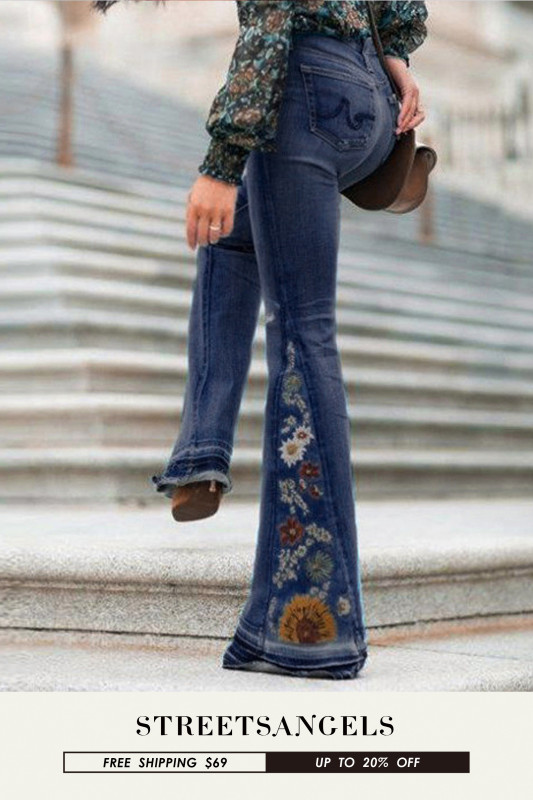 Fashion Slim Embroidered Denim Bell-Bottom Jeans