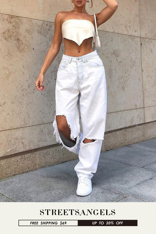 Women Vintage Low Rise Loose Wide Leg Trousers Harajuku White Ripped Hole Baggy Jeans
