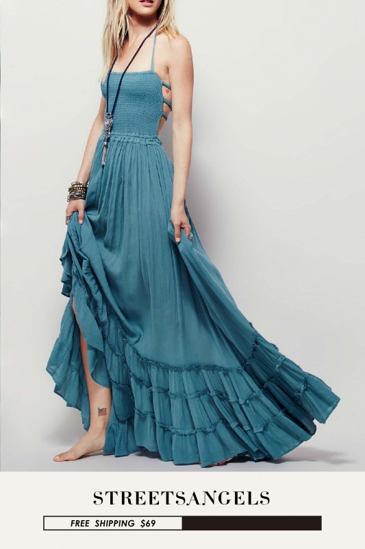 Sexy Bohemian Backless Fashion Solid Color Swing Cotton  Maxi Dress