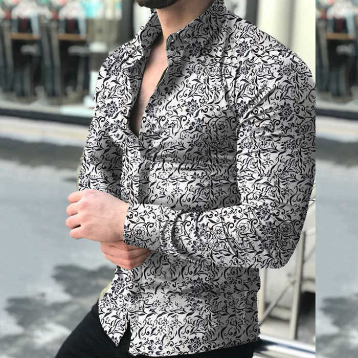 Men's Top Fashion Long Sleeve Printed Casual Slim Shirt