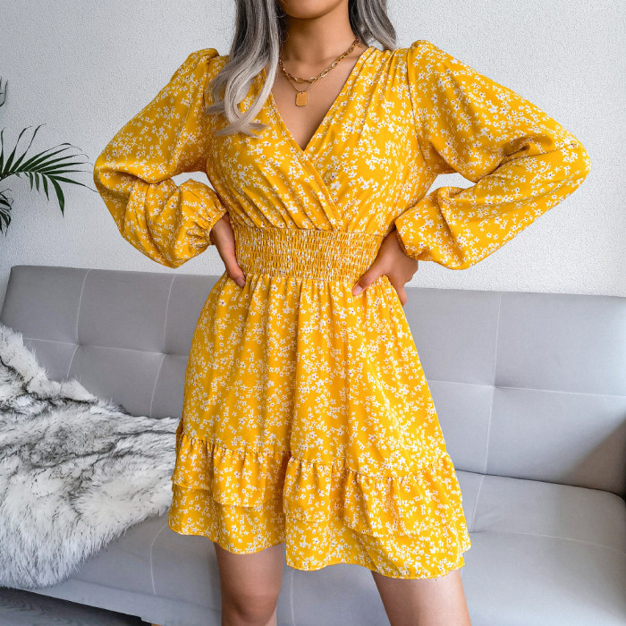 Elegant V-Neck Floral Print Boho Chic  Mini Dress