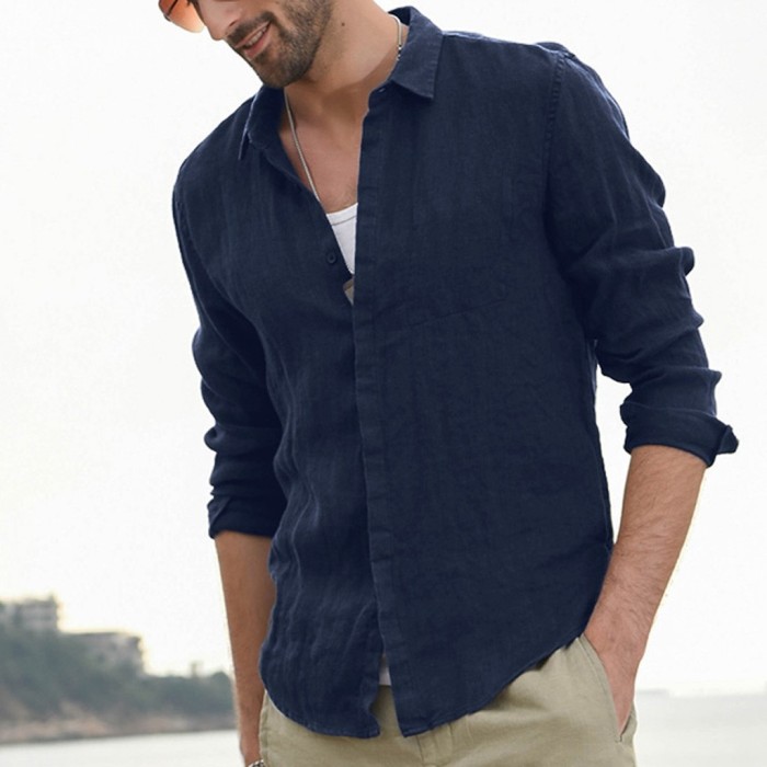Men's Loose Solid Color Long Sleeve Button Cotton Casual Shirt