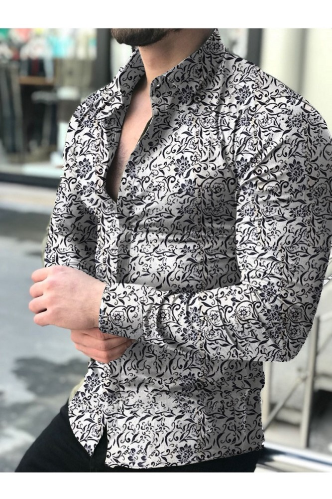 Men's Top Fashion Long Sleeve Printed Casual Slim Shirt