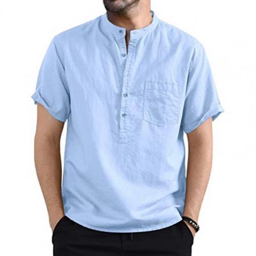 Men's Cotton Linen Fashion Henley Collar Solid Color Pocket Short Sleeve Shirt