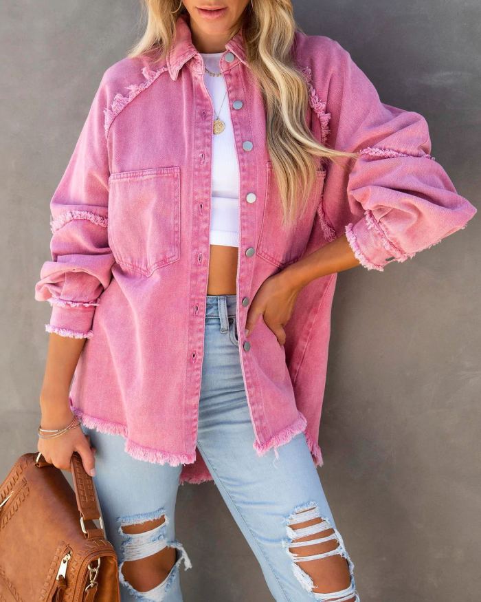Women's Fringed Solid Color Fashion Street Single Breasted Denim  Coats