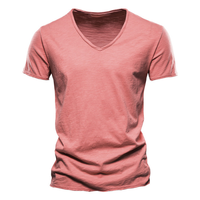100% Cotton Men V-neck Fashion Design Slim Fit Soild T-shirts