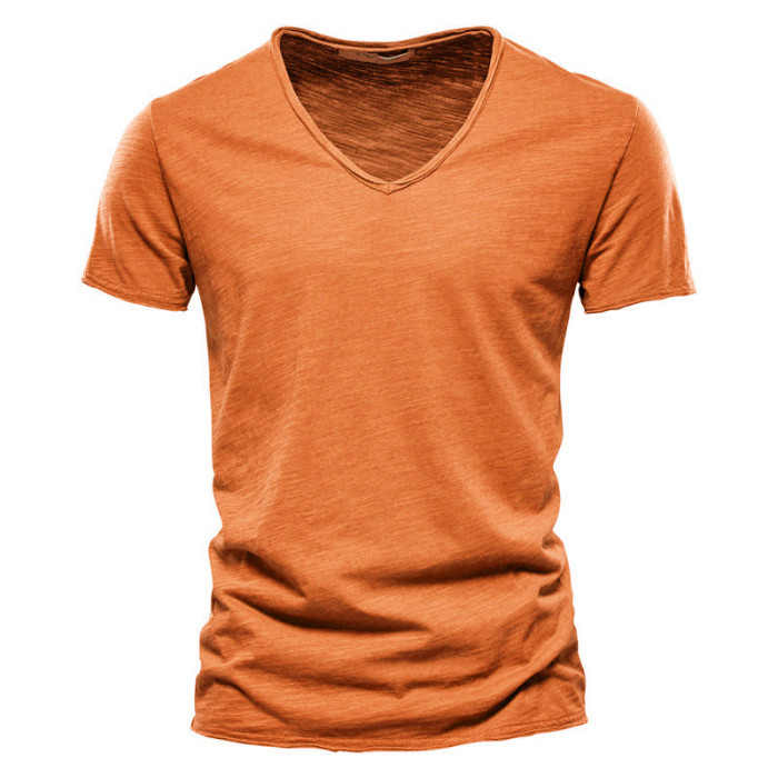 100% Cotton Men V-neck Fashion Design Slim Fit Soild T-shirts