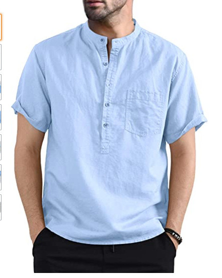 Men's Cotton Linen Fashion Henley Collar Solid Color Pocket Short Sleeve Shirt