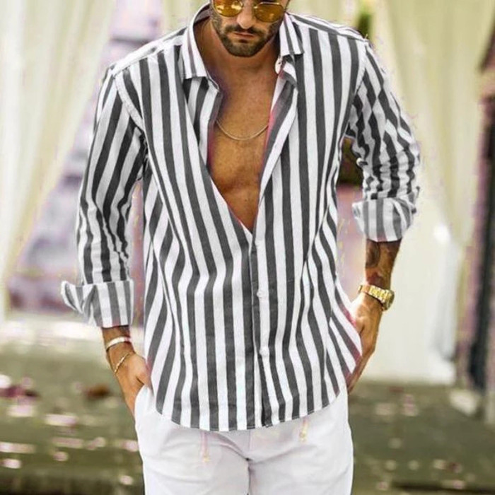 Men's Fashion Striped Long Sleeve Casual Print Button Loose Shirt