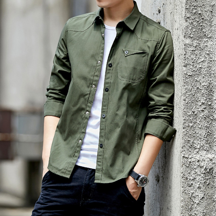 Men's Fashion Top Casual Solid Color Long Sleeve Vintage Street Shirt